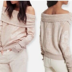 Free People Botanical Off-Shoulder Creamy Pink Sweater